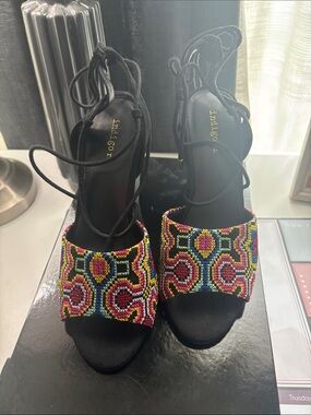 Indigo Rd. Black Lace-Up Heels with Multicolor Embroidery